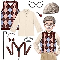 9 Pcs Old Man Costume Grandpa Costume Accessories 100 Days of School Beret Vest Shirt Eyeglass for Boys Cosplay