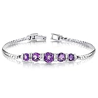 PEORA Amethyst 5-Stone Bracelet for Women 925 Sterling Silver, Natural Gemstone, 3.75 Carats total Round Shape, 7 1/4 inch length