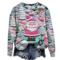 Christmas 3D Look Sweatshirts for Women Cute Santa Claus Print Pullover Oversized Long Sleeve Crewneck Xmas Pullover