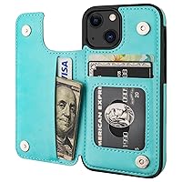Compatible with iPhone 13 Mini Wallet Case with Card Holder, PU Leather Kickstand Card Slots Case, Double Magnetic Clasp and Durable Shockproof Cover 5.4 Inch(Light Blue)