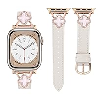 Compatible Apple Watch Band Genuine Leather Women Apple Watch Ultra2/Ultra/Series 9/8/7/6/5/4/3/2/1/SE Leather Replacement Strap Four Leaf Clover Bling Cute Apple Watch Band for Women iWatch 38mm 40mm 41mm 42mm 44mm 45mm 49mm (42/44/45/49mm, Starlight)