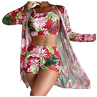 Women's Floral 3 Piece Hawaiian Outfits Beach Kimono Cardigans Cover Ups Crop Cami Tops Boy Shorts Tankini Swimsuit