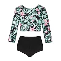 Kids Girls 2 Piece Floral Printed Yoga Dance Active Set X Back Crop Top with Briefs Swimsuit