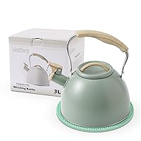 LONFFERY Tea Kettle, 3.2 Quart Whistling Tea Kettle, Tea Kettle for Stove Top, Food Grade Stainless Steel Tea Pot with Wood Pattern Folding Handle - Green