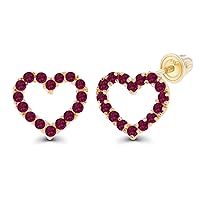 Solid 14K Gold 7mm Open Heart Natural Birthstone Screwback Stud Earrings For Women | 1mm Round Birthstone | 14K Pave Heart Screwback Earrings For Women and Girls