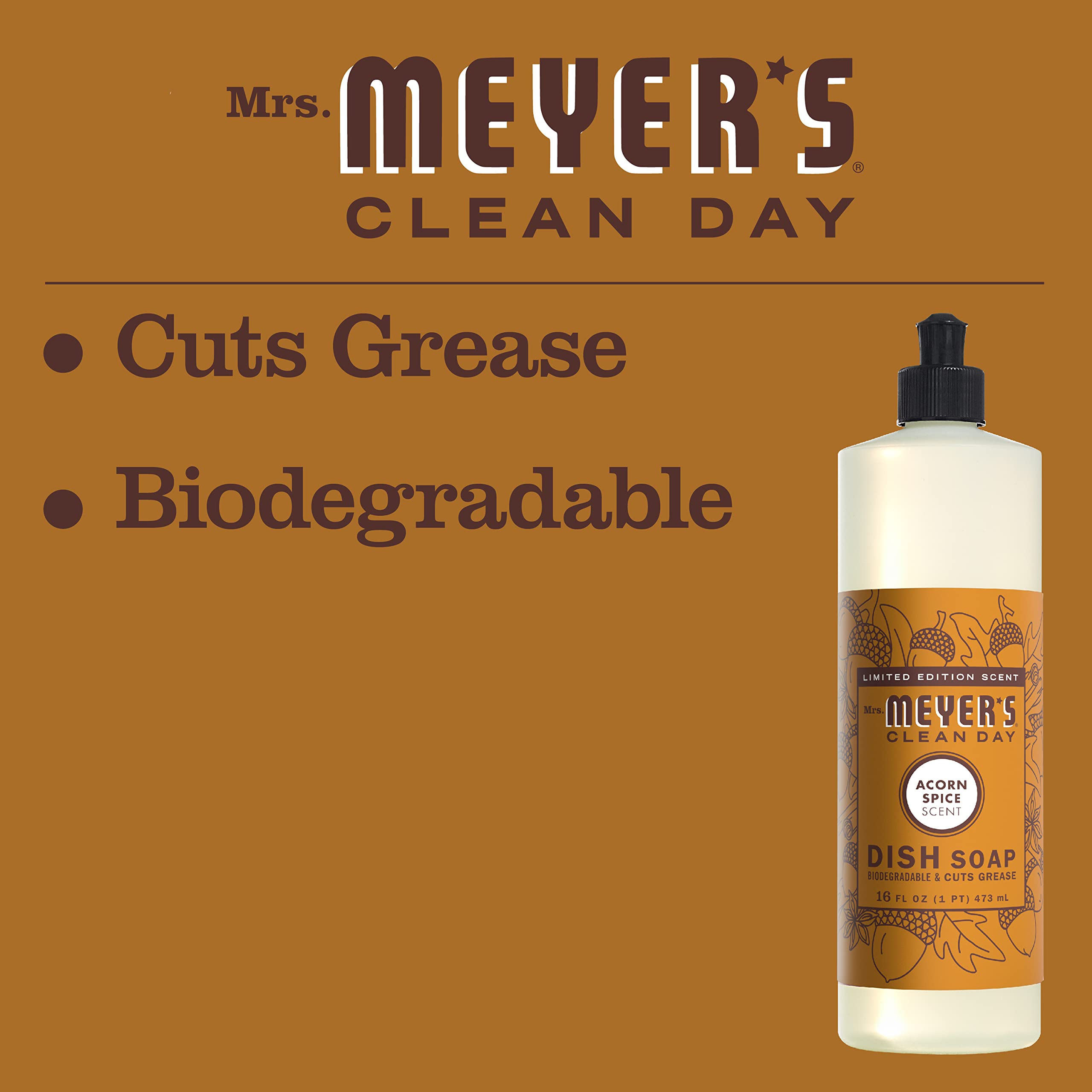 MRS. MEYER'S CLEAN DAY Liquid Dish Soap, Biodegradable Formula, Limited Edition Acorn Spice, 16 fl. oz - Pack of 3