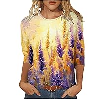 Womens 3/4 Length Sleeve T Shirt Loose Fit Plus Size Crewneck Tops Casual Tees Fashion Summer Flower Graphic Blouses