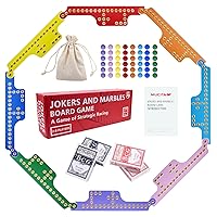 Jokers and Marbles Board Game Wooden Pegs and Jokers Board Game for 2-8 Players, Colorful Double-Side Painted Solid Wood Game Boards with 8 Color 48 Marbles & 4 Decks of Cards
