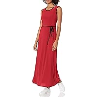Star Vixen Women's Sleeveless Round Neck Maxi Dress with Piping and Self-tie Belt