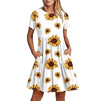 Summer Floral Dress for Women Casual Crewneck Flowy Pleated Short Sleeve Loose Swing Dresses with Pockets 2024