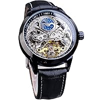 FORSINING Men's Skeleton Moon Phase Watch Mechanical Self-Winding Tourbillon Dual Time Zone Watches Automatic Luxury Leather Strap Large Dial Wrist Watch