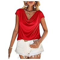 MakeMeChic Women's Solid Cowl Neck Work Office Shirt Casual Loose Short Sleeve Summer T Shirt Tops