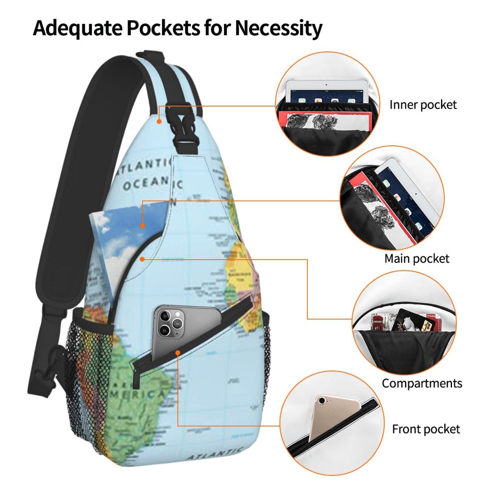 World Map Chest Bag Shoulder Bag, Map Sling Backpack Casual Travel Bag For Men And Women
