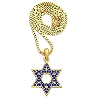 Star of David Small Pendant 24 Inch Necklace (Gold/Blue Color with Box Chain)