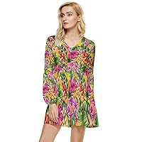CowCow Womens Summer Tunic Dress Constellation Space Galaxy Flowers Pattern Tiered Long Sleeve Mini Dress