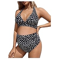 MakeMeChic Women's Maternity Swimsuit Polka Dots Two Piece Halter High Waisted Bikini Sets Pregnancy Swimwear