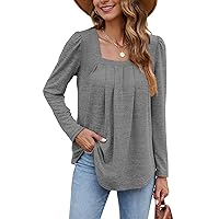 BEUFRI Shirts for Women Casual Pleated Long Sleeve Square Neck Tunic Tops Dark Grey 2XL