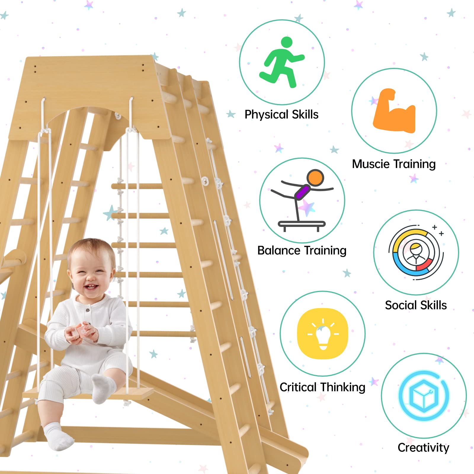 Indoor Jungle Gym, 66inch Toddler Climbing Toys Indoor, 8-in-1 Indoor Playground for Toddler 1-3 with Swing, Armband, Rock Climb Wall, Slide, Monkey Bar, Wood & Rope Ladder, Rope Wall Ladder