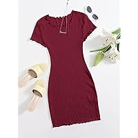 Dresses for Women Women's Dress Lettuce Trim Rib-Knit Bodycon Dress Dresses (Color : Burgundy, Size : X-Large)