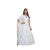 Fashion Women's Long Latest net Fabric Embroidered Anarkali semistitch Gown Wedding, Party were Gown for Women White