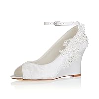 Emily Bridal Lace Wedding Shoes Ivory Peep Toe Flowers Detail Wedge Shoes Ankle Strap Bridal Shoes