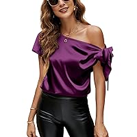 VIDUSSA Women's Off Shoulder Silk Tops Casual Short Sleeve Asymmetrical Neck Satin Blouse Shirts