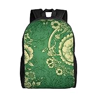 Kururi Green Vintage Floral Print Backpack Laptop Backpack Waterproof Weekender Bag Travel Bag For Work Travel Hiking Camping