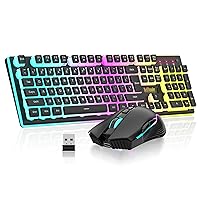 RedThunder K10 Wireless Gaming Keyboard and Mouse Combo, LED Backlit Rechargeable 3800mAh Battery, Mechanical Feel Anti-ghosting Keyboard with Pudding Keycaps + 7D 3200DPI Mice for PC Gamer (Black)