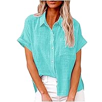 Women's Fashion Tops Solid Short Sleeve V Neck Tanks Loose Button Cotton and Linen Tunic Casual Blouse