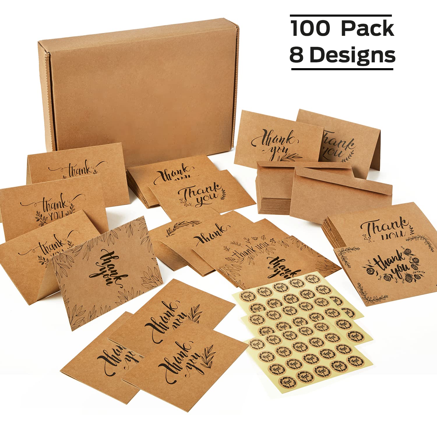 100 Thank You Cards Bulk: Ohuhu Brown Kraft Blank Thank You Notes Box Set with Self-Seal Envelopes and Stickers - Elegant 8 Design Greeting Card for Wedding Shower Business Graduation Birthday - 4 x 6