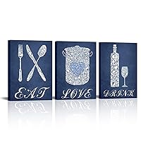 sechars 3 Piece Kitchen Wall Art Eat Love Inspirational Quote Sign Restaurant Cafe Bar Decorations Navy Blue Poster Print on Canvas Framed for Farmhouse Country Home Dining Room Decor Ready to Hang