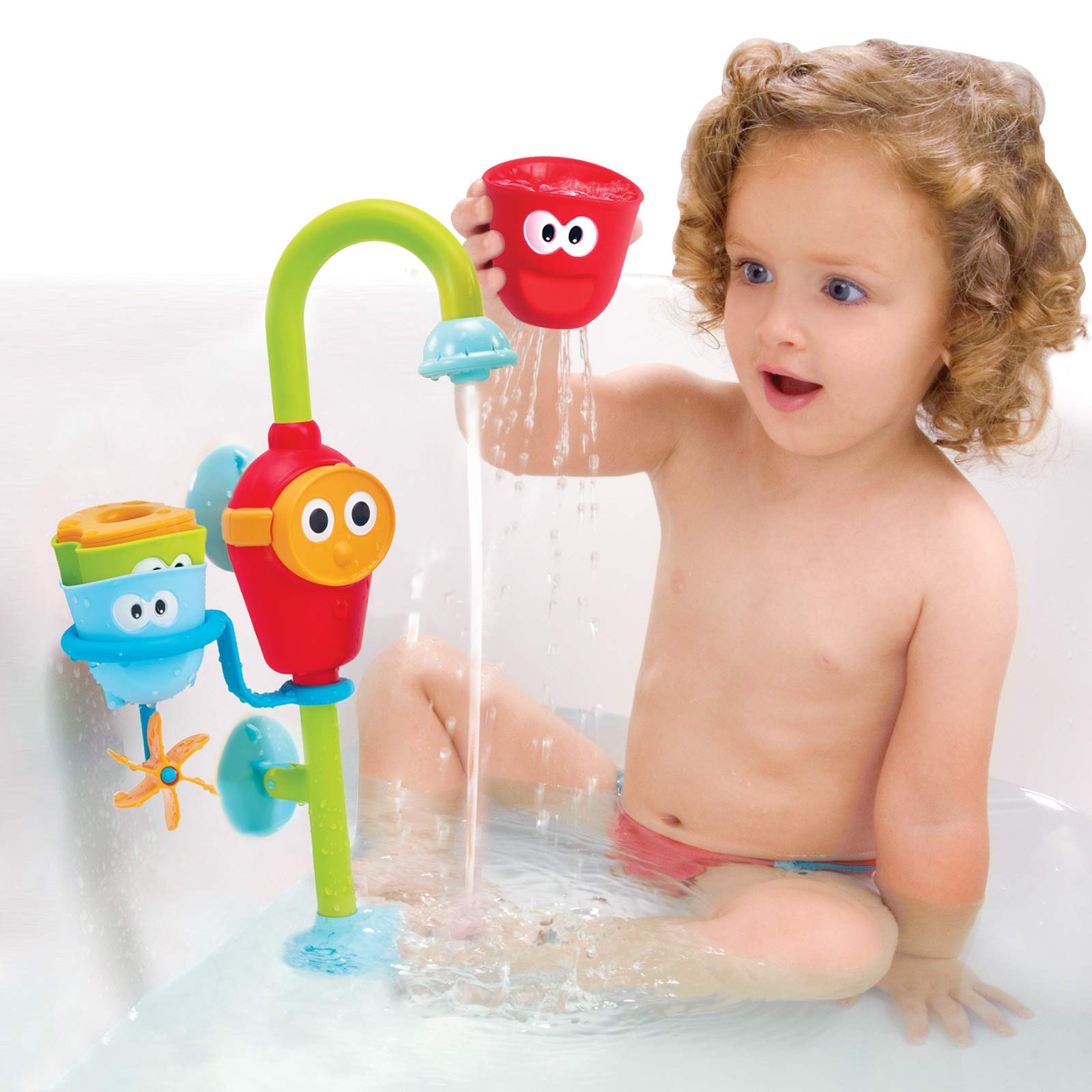 Yookidoo Toddler Bath Toy - Flow N Fill Spout - Three Stackable Play Cups and Water Spray Spout for Kids Bathtime Fun