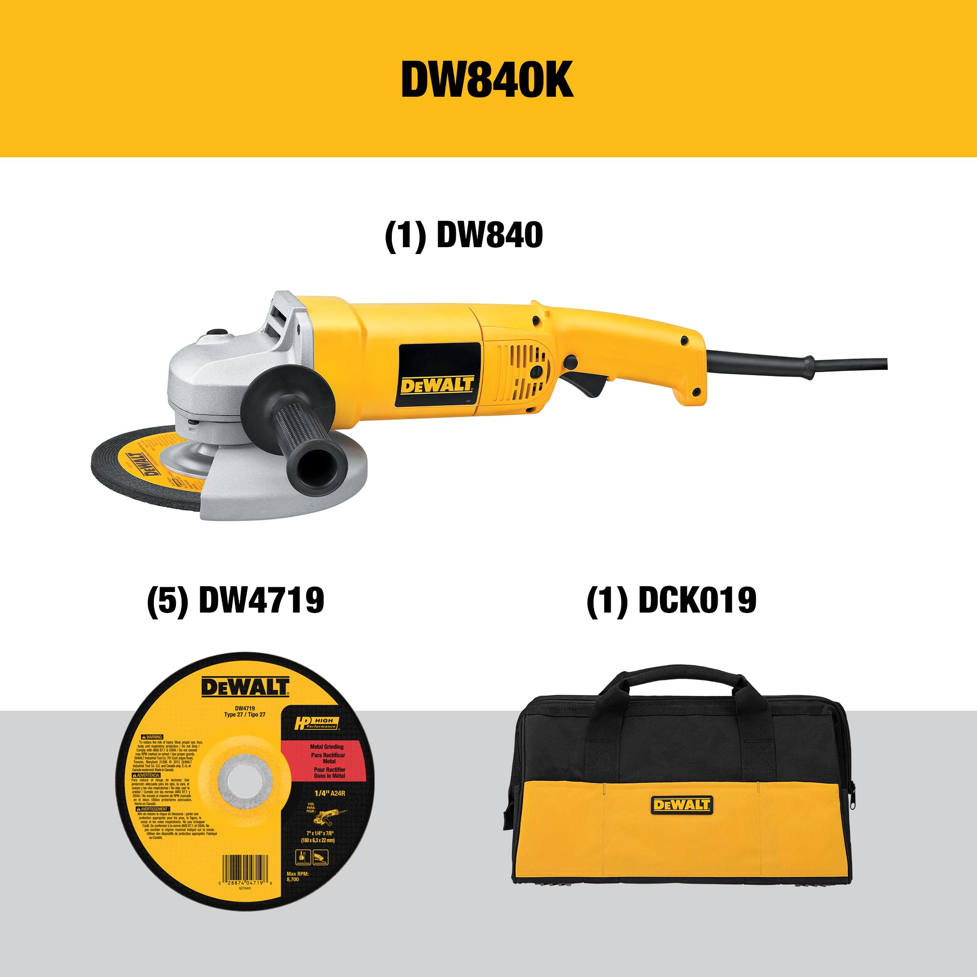DEWALT Angle Grinder Tool Kit with Bag and Cutting Wheels, 7-Inch, 13-Amp (DW840K),Yellow