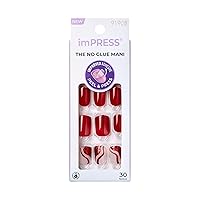 KISS imPRESS No Glue Mani Press-On Nails, Mini, Endlessly', Medium Red, Short Size, Squoval Shape, Includes 30 Nails, Prep Pad, Instructions Sheet, 1 Manicure Stick, 1 Mini File
