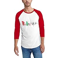 Ma Croix Mens Festive Christmas Believe Holiday Spirit Font 3/4 Sleeve Digitally Printed Raglan Style Tee Shirt