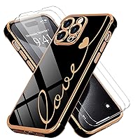LCHULLE for iPhone 15 Pro Max Case Cute for Women Girls with 2 Screen Protector Love Heart Design Luxury Plating Soft TPU Shockproof Camera Lens Protection Phone Case Cover for iPhone 15 Pro Max,Black