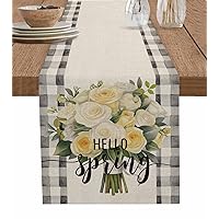 Hello Spring Floral Table Runner 72 Inches Long for Dining Table, Washable Cotton Linen Farmhouse Table Runners Dresser Scarf for Kitchen Party Holiday Rustic Rose Flowers Buffalo Plaid 13x72in