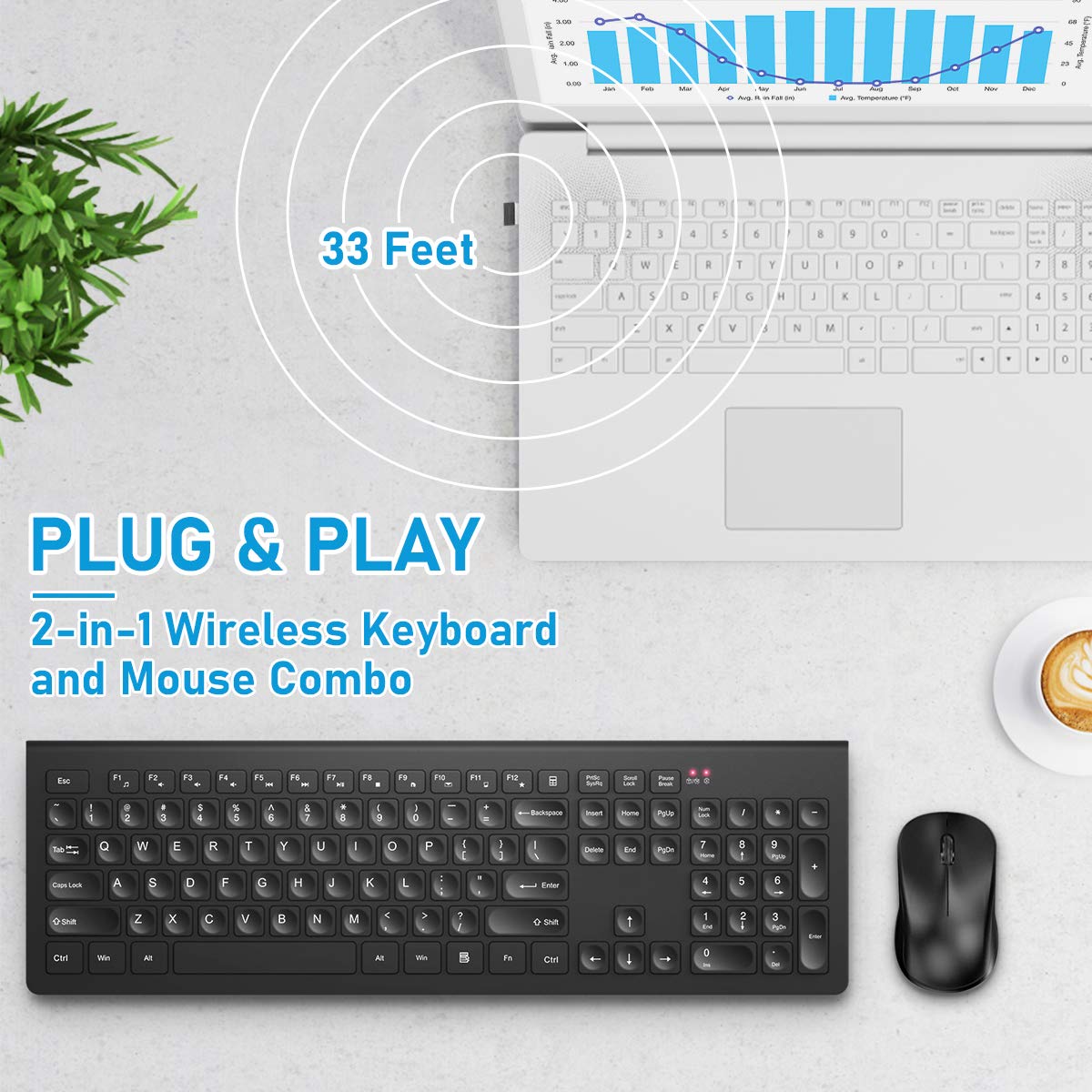 Wireless Keyboard and Mouse Combo, RATEL 2.4GHz Full Size USB Keyboard Mouse Ergonomic Quiet Keyboard Mouse Set for Laptop, PC, Mac, Computer, Desktop, Notebook, Windows(Black)