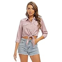 Women's Tie Front Chambray Shirts Roll Up 3/4 Sleeve Button Down Crop Denim Tops