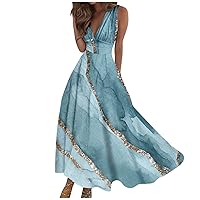 Dresses for Women 2024 Summer Casual Sleeveless V Neck Summer Dress Flowy Maxi Pleated Cocktail Dresses