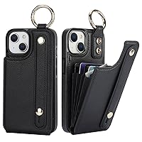 Folosu for iPhone 13/14 Wallet Case with Card Holder, Hand Wrist Strap Loop Holder Kickstand, RFID Blocking Finger Grip Ring PU Leather Double Buttons Shockproof Cover 6.1