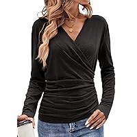 Womens V Neck Long Sleeve Shirts Sexy Wrap Ruched Tops Cute Fitted T Shirts 2024