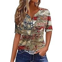 4Th of July Shirts,Women's Button Short Sleeve T Shirt Independence Print Casual Daily Basic V-Neck Plus Top