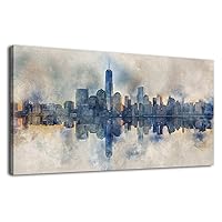 New York City Canvas Wall Art Navy Blue Pictures Abstract Paining City Reflection in Water Canvas Painting Modern City Skyline Canvas Prints Artwork for Living Room Bedroom Office Wall Decor 20