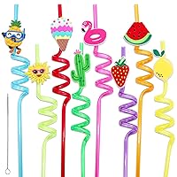 Summer Reusable Drinking Straws 16 Packs Pool Party Decorations Beach Fruit Party Favors Hawaiian Tropical Straws Goodie Bag Gifts for Birthday Party Supplies with 1 Cleaning Brushes