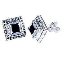 Silver Plated Princess Real Moissanite Stud Earrings (5.58 Ct,Black Color,Opaque Clarity)