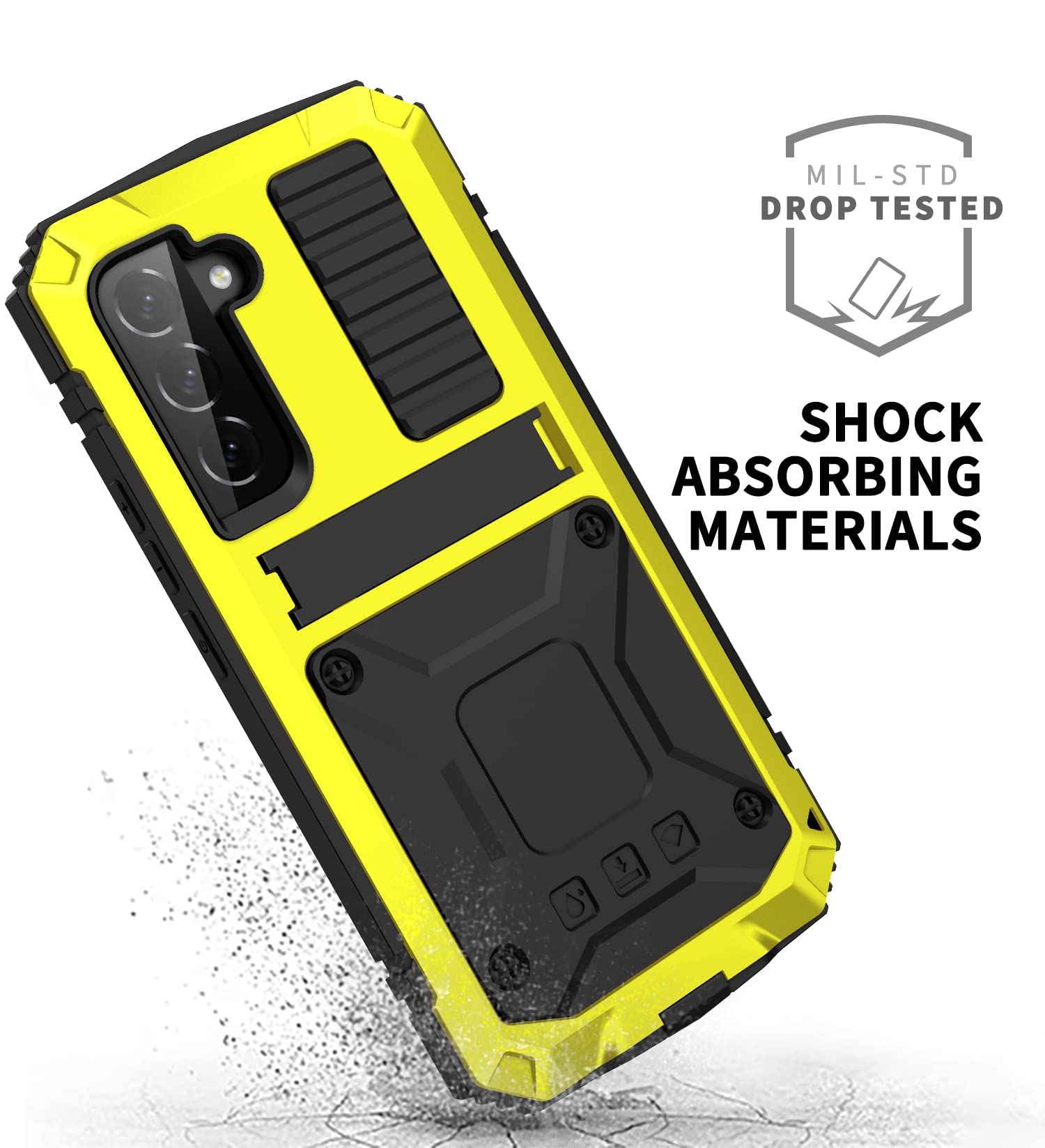 Simicoo Samsung S22 Plus Metal Bumper Silicone Case with Stand Hybrid Military Shockproof Heavy Duty Rugged case Built-in Screen Protector Cover for Samsung S22 Plus (S22 Plus, Yellow)