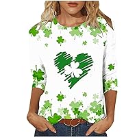 Womens St. Patrick's Day T Shirt 3/4 Sleeve Tops Round Neck Leopard Irish Clover Print Blouse Lucky Shamrock Graphic Top