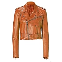 Women's Genuine Lambskin Real Leather Slim fit Biker Cropped Leather Jacket