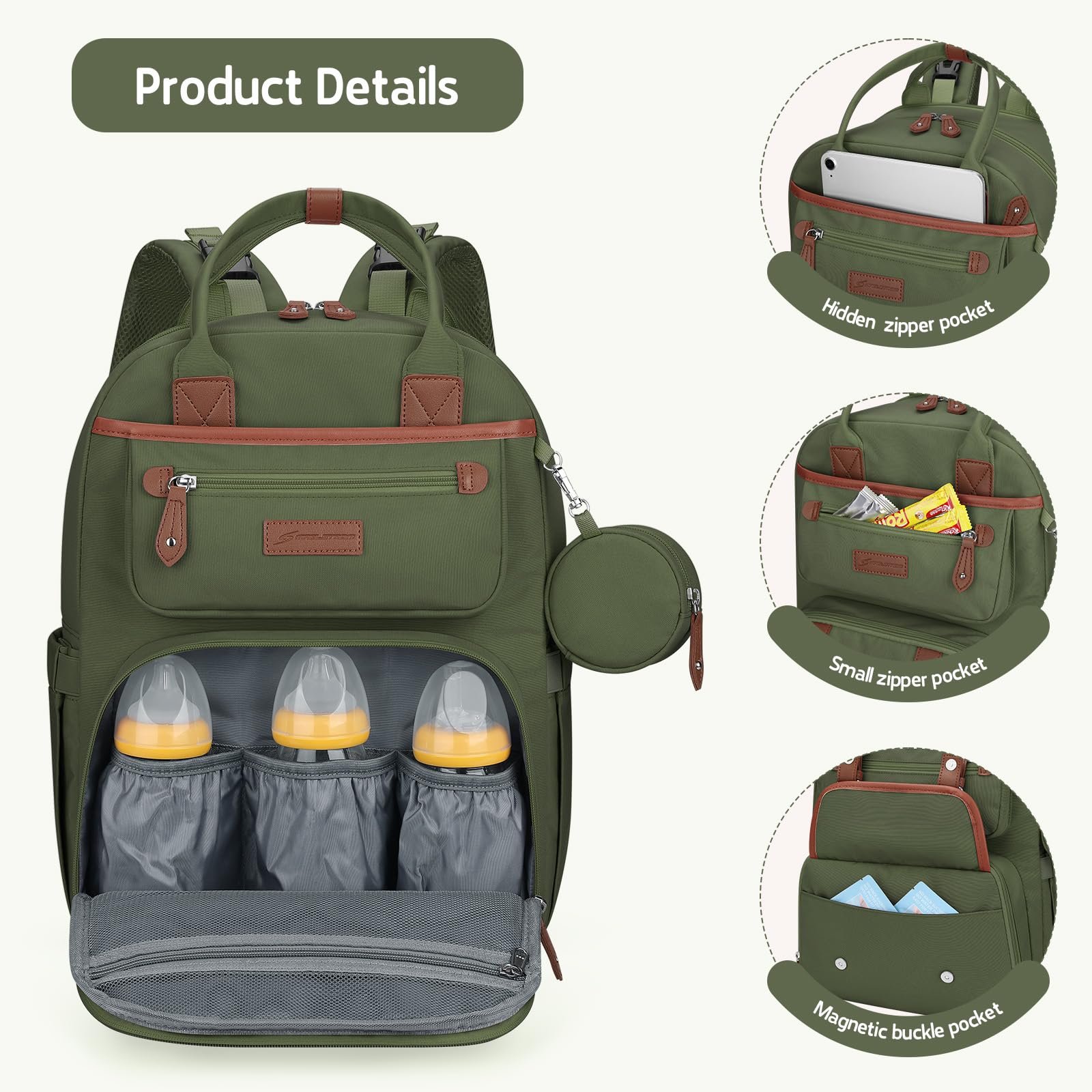 Maelstrom Diaper Bag Backpack,Baby Bag,23L-30L Expandable Diaper Backpack for Mom Dad,Travel Essentials Baby Bag with Changing Pad&Stroller Straps & Pacifier Bag,Army Green